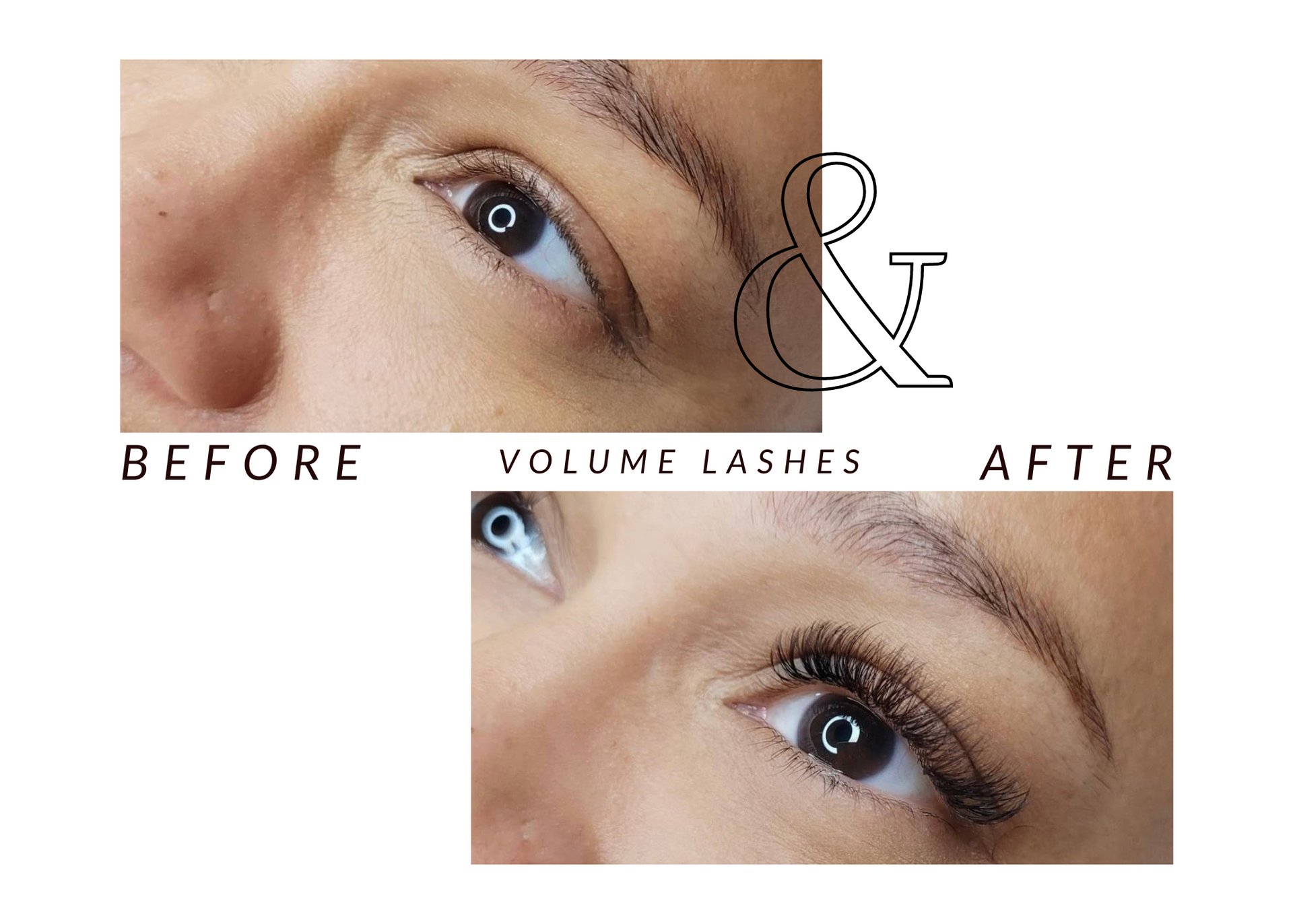 A before and after picture of a woman 's eye with volume lashes