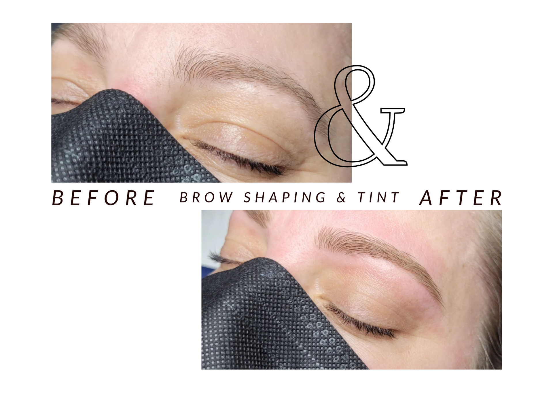 A before and after photo of a woman 's brow shaping and tint.