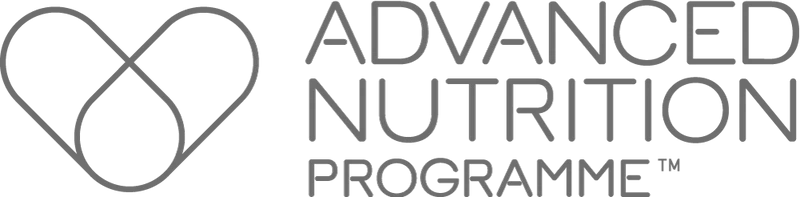 A logo for advanced nutrition programme with a heart in the middle.