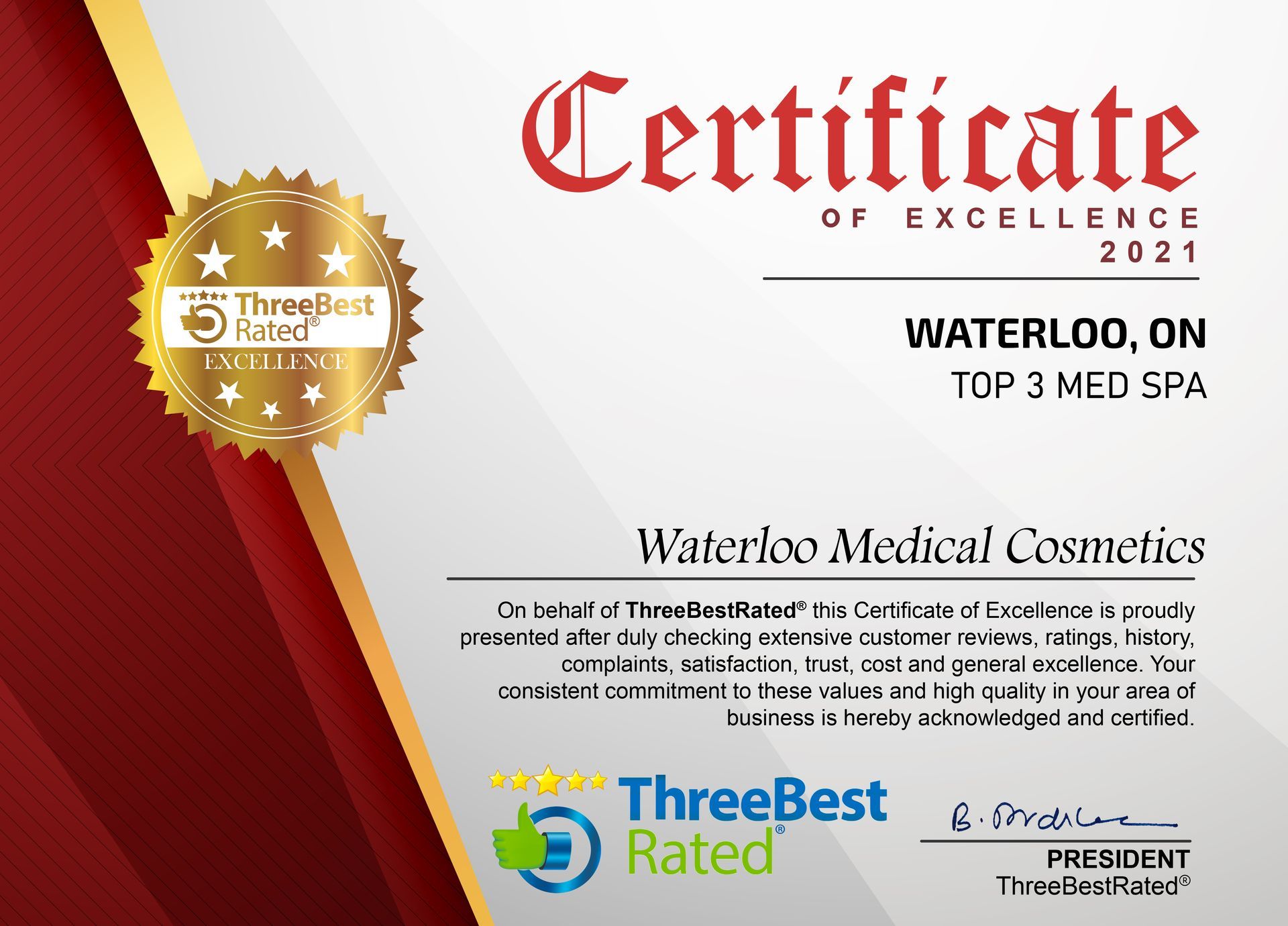 A certificate of excellence for waterloo medical cosmetics