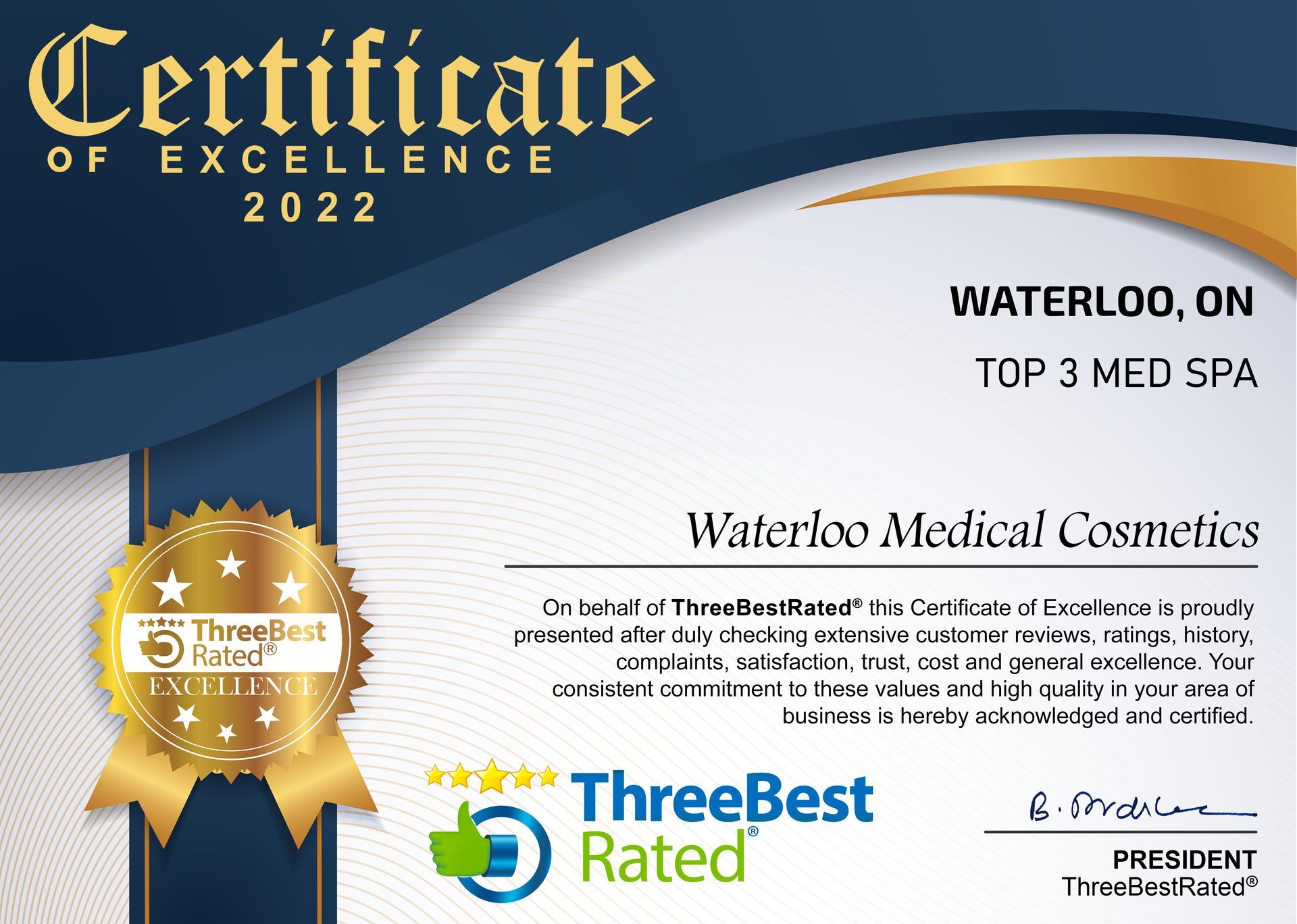 A seal that says best business of 2023 three best rated waterloo medical cosmetics excellence