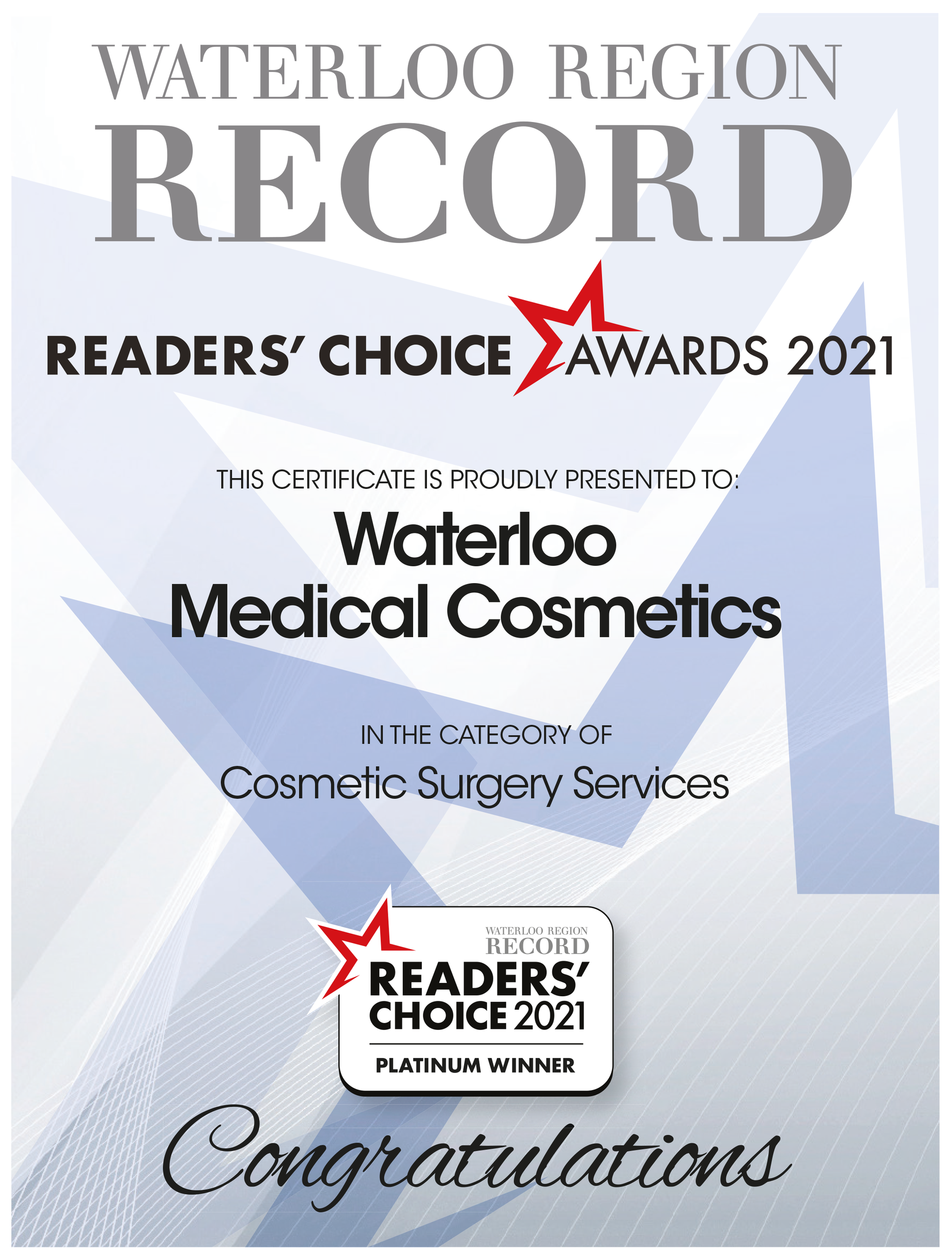 A certificate that says waterloo medical cosmetics on it