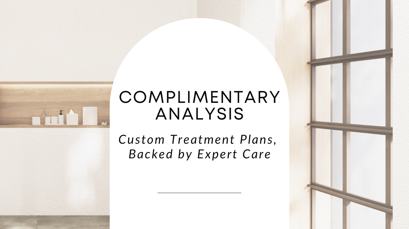 Complimentary analysis offer: text over a spa-like interior with window and shelf of products.