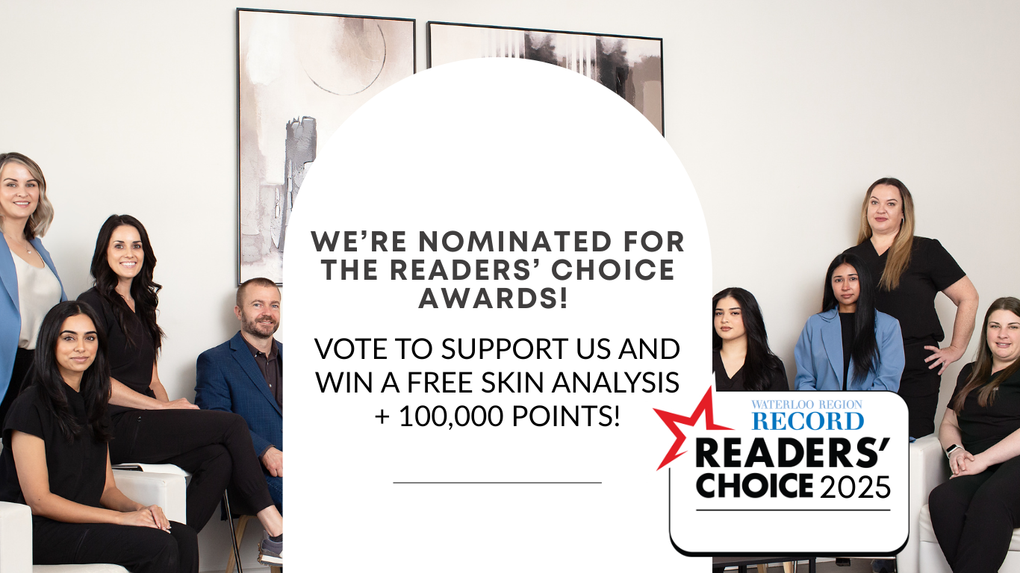A group of people in a white room, nominated for Readers' Choice Awards. Text: Vote and win a free skin analysis + points.