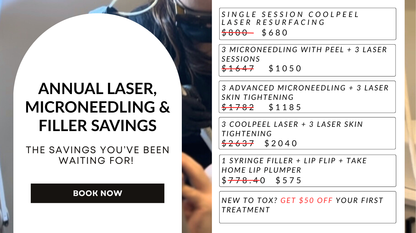 Promotional graphic for laser, microneedling, and filler savings. Includes price list and 