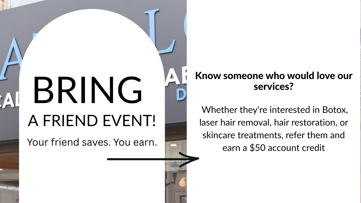 Sign at a storefront: “Bring a friend” referral promo with white circular ad and black text.