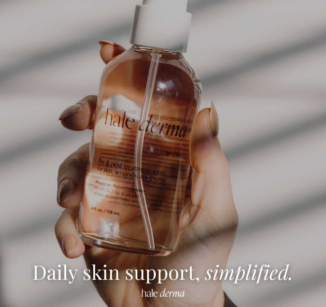 Hand holding a rose-gold serum bottle with white pump cap and text “Daily skin support, simplified.”