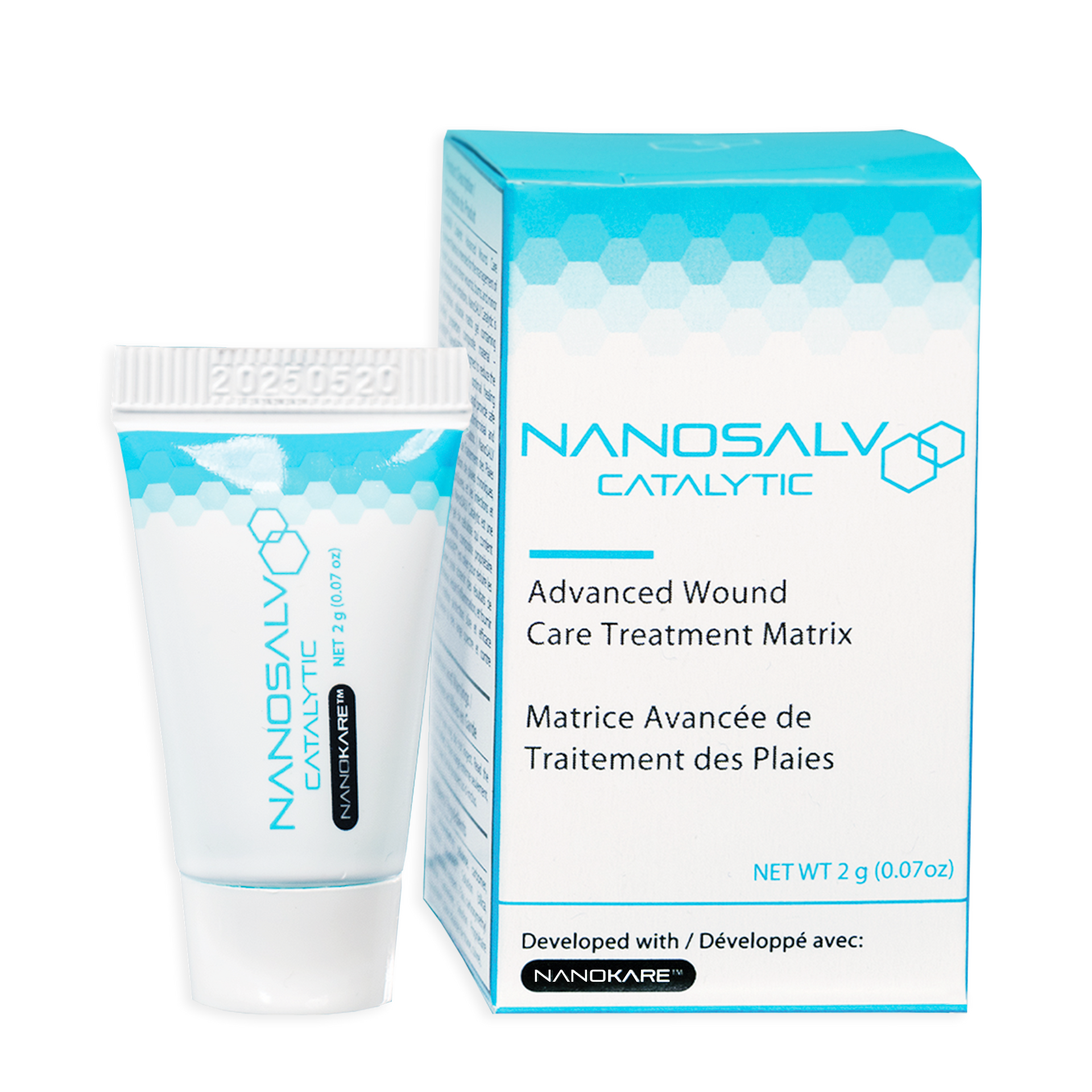 Nanosolv Catalytic advanced wound care treatment matrix box and tube in white and turquoise