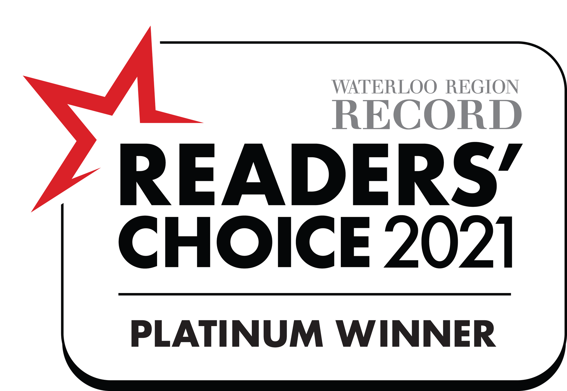 The logo for the waterloo region record readers ' choice 2021 platinum winner.