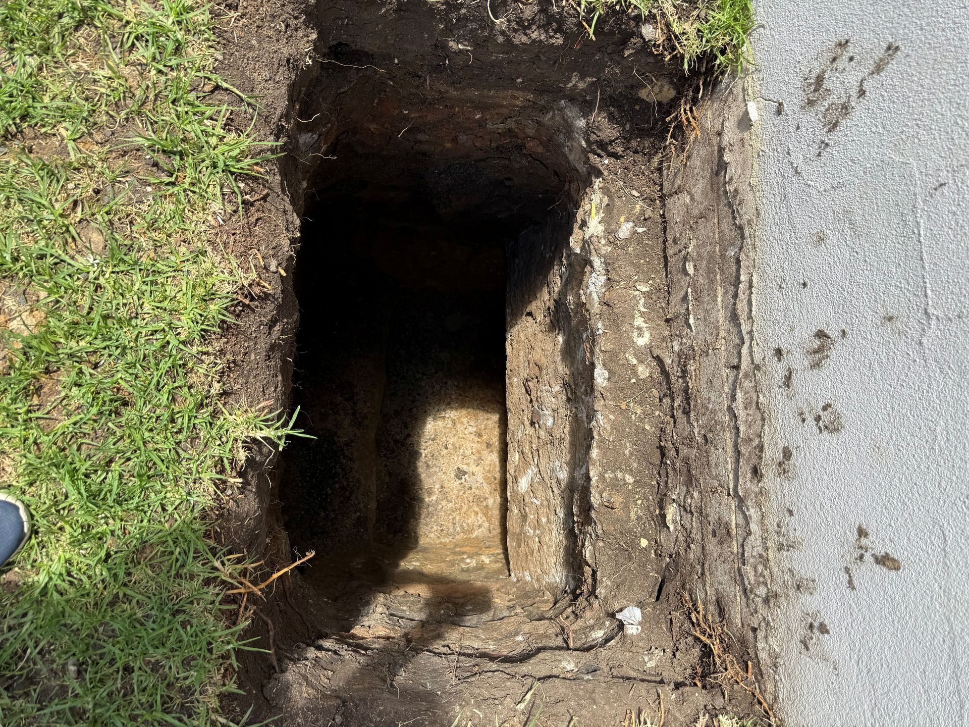 Hole dug in grass beside asphalt; dark interior, soil walls.