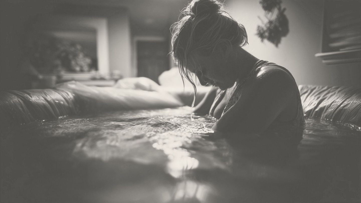 Woman in labor in water birth tub.