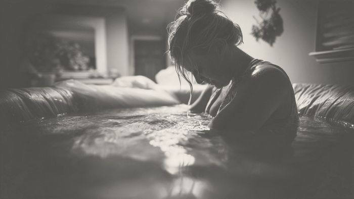 Woman in labor in water birth tub.