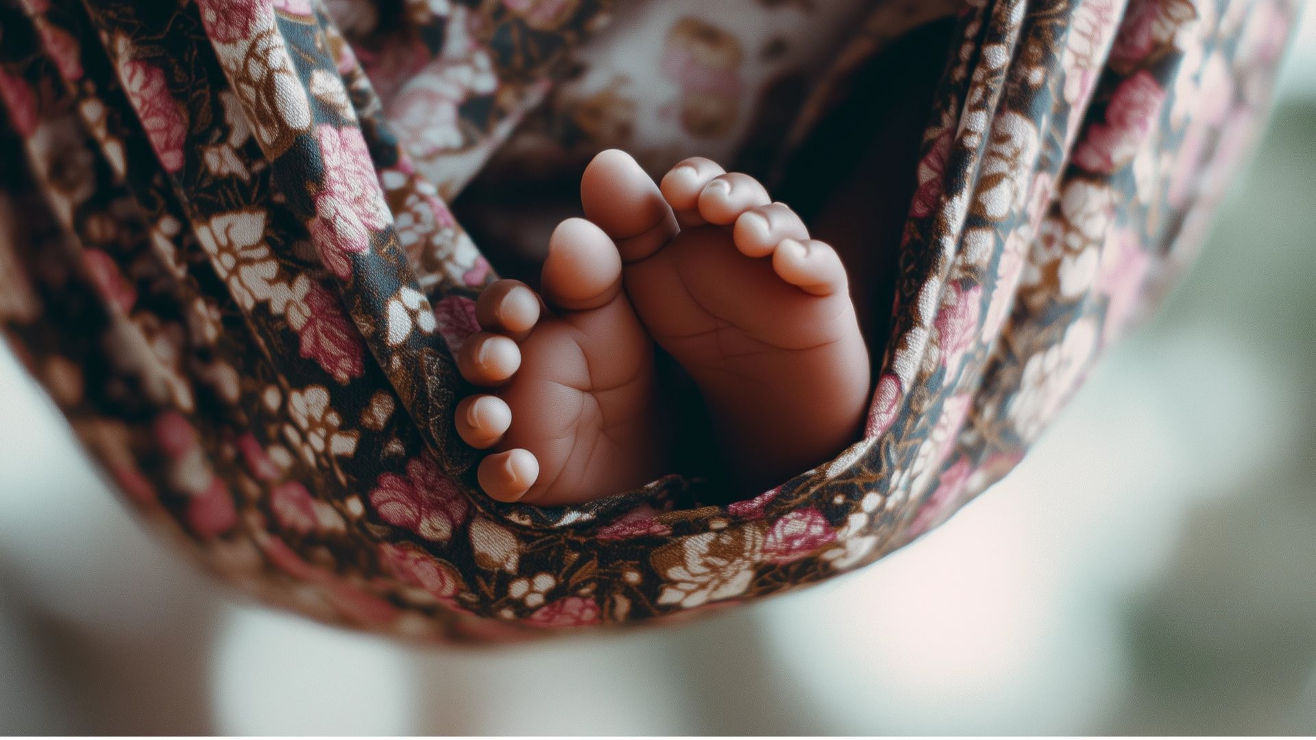 Baby's tiny feet peek out from a floral patterned fabric sling.