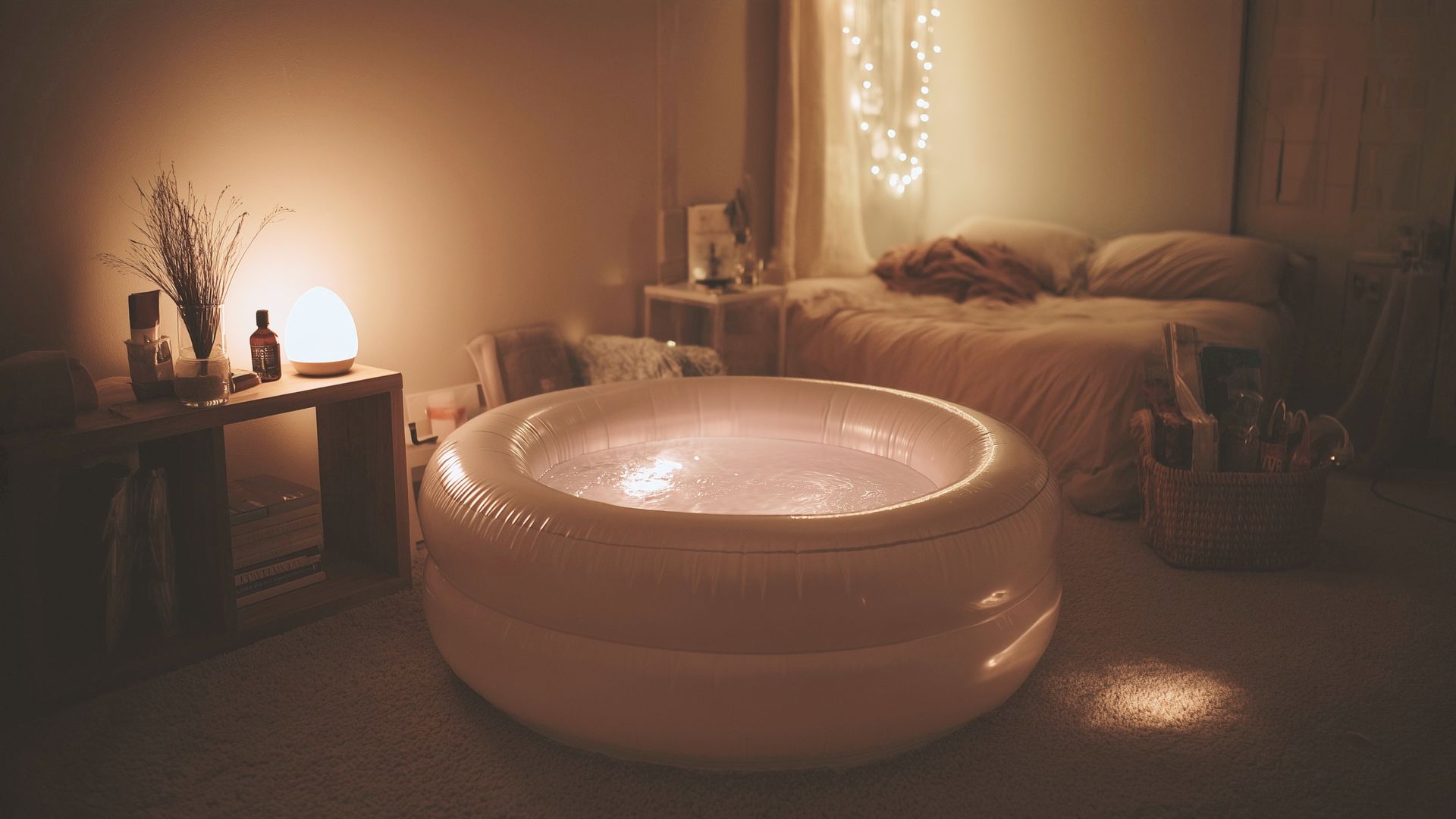 An inflatable tub with bubbles sits in a softly lit bedroom with a bed.