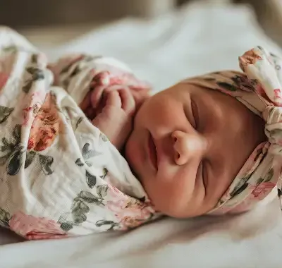 Sleeping newborn baby wrapped in floral swaddle and wearing a matching headband.