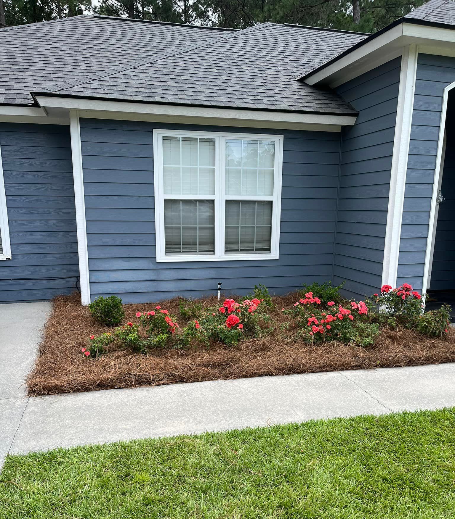 A blue house with a white window and flowers in front of it