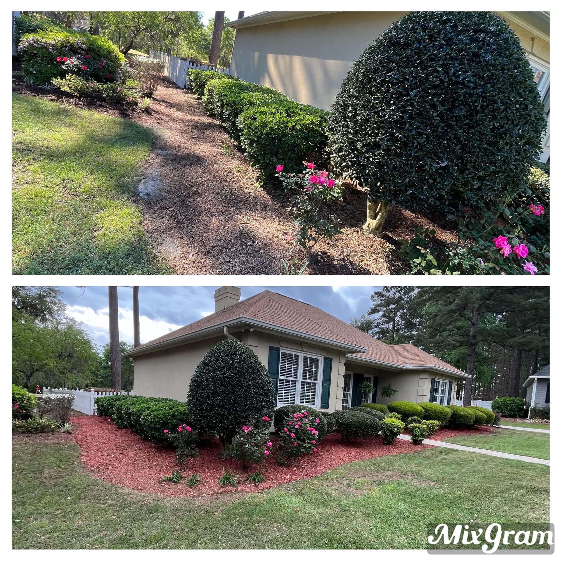 A before and after picture of a house with flowers and mulch