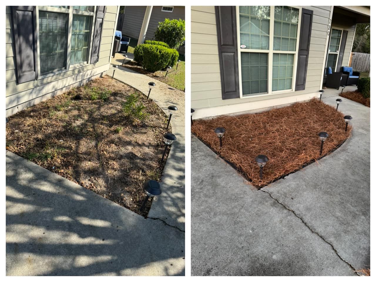 A before and after picture of a lawn in front of a house.