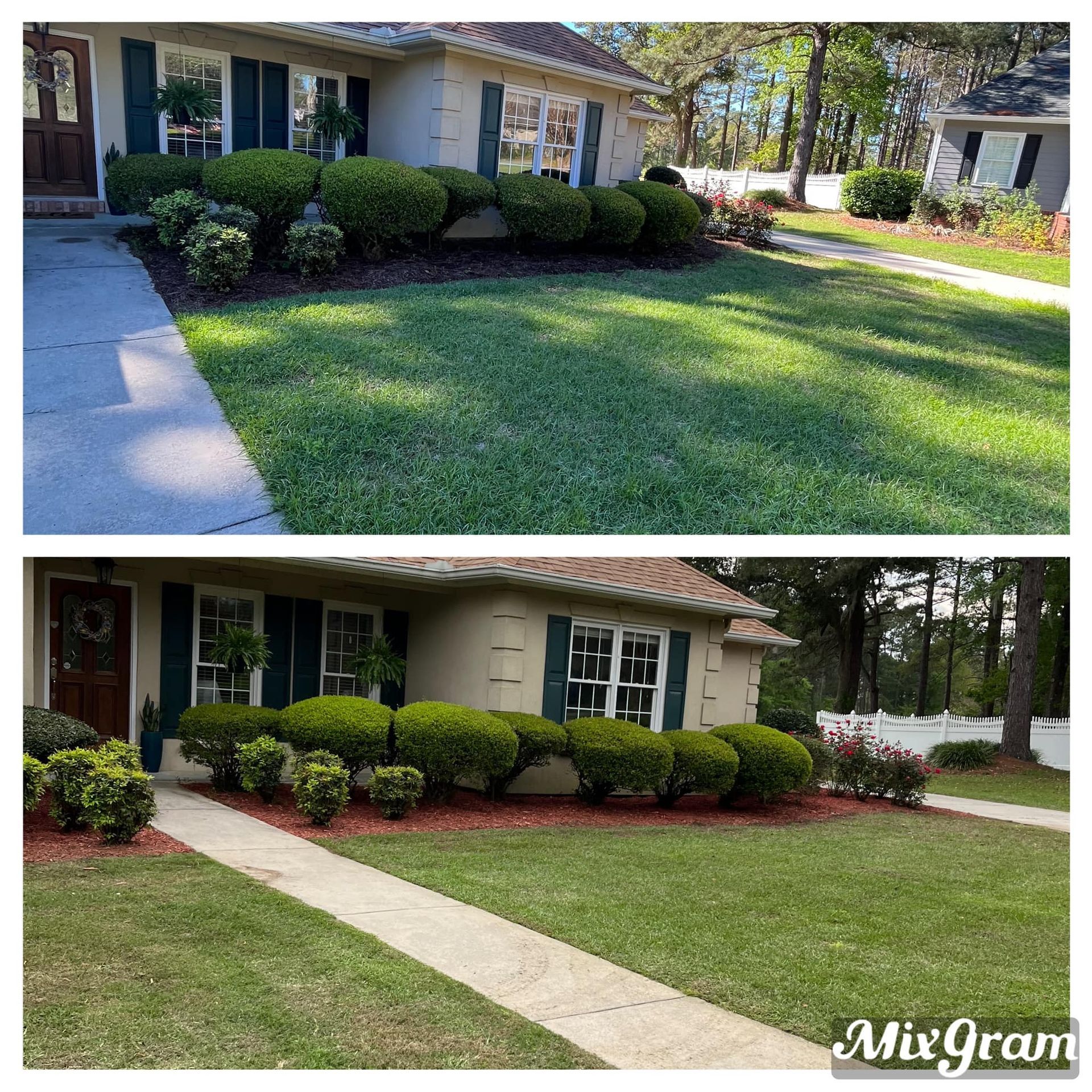 A before and after picture of a house with a lush green lawn