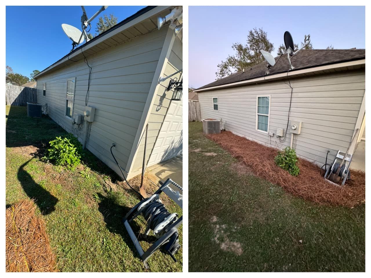 A before and after picture of a house with a satellite dish on the roof.