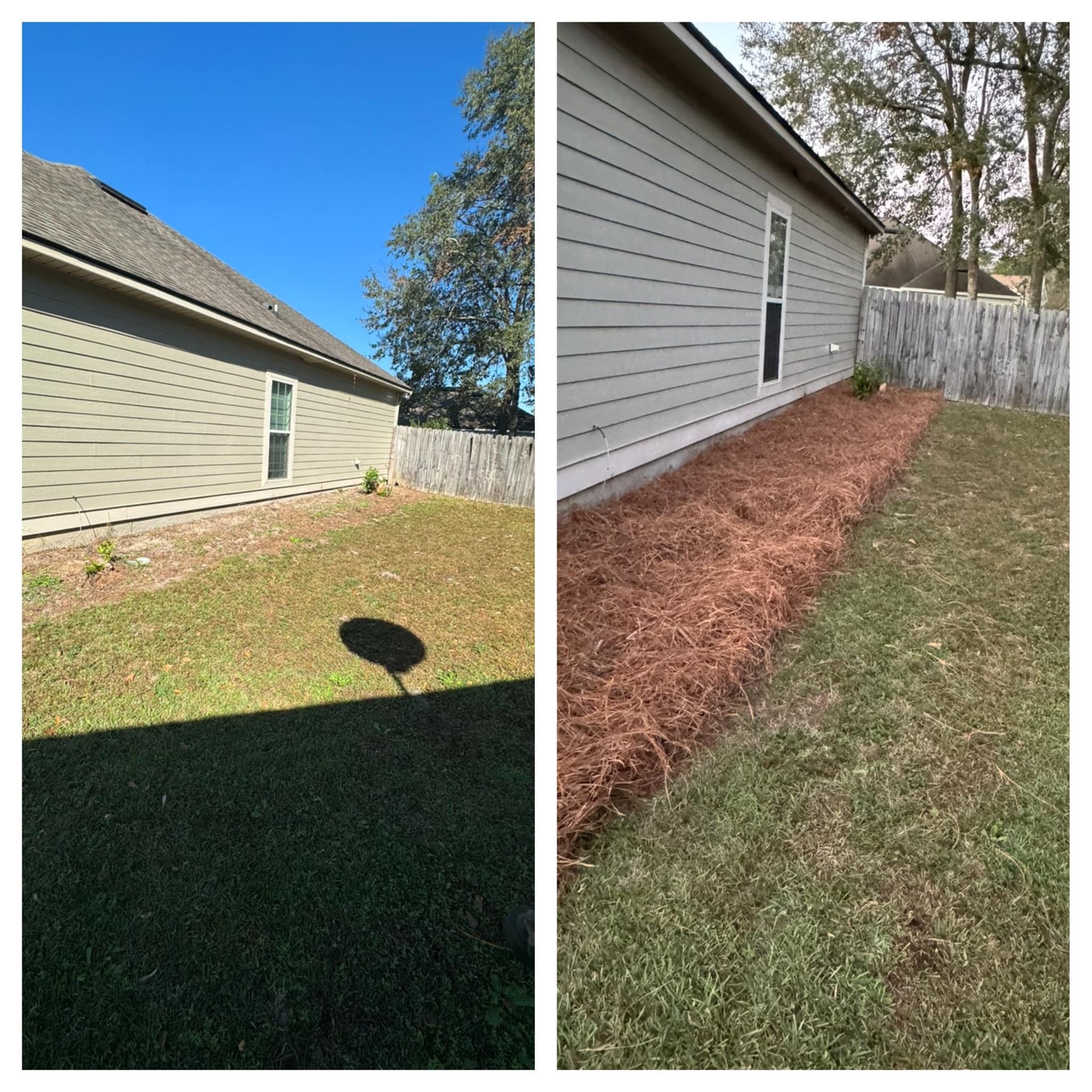 A before and after picture of a house and a yard.