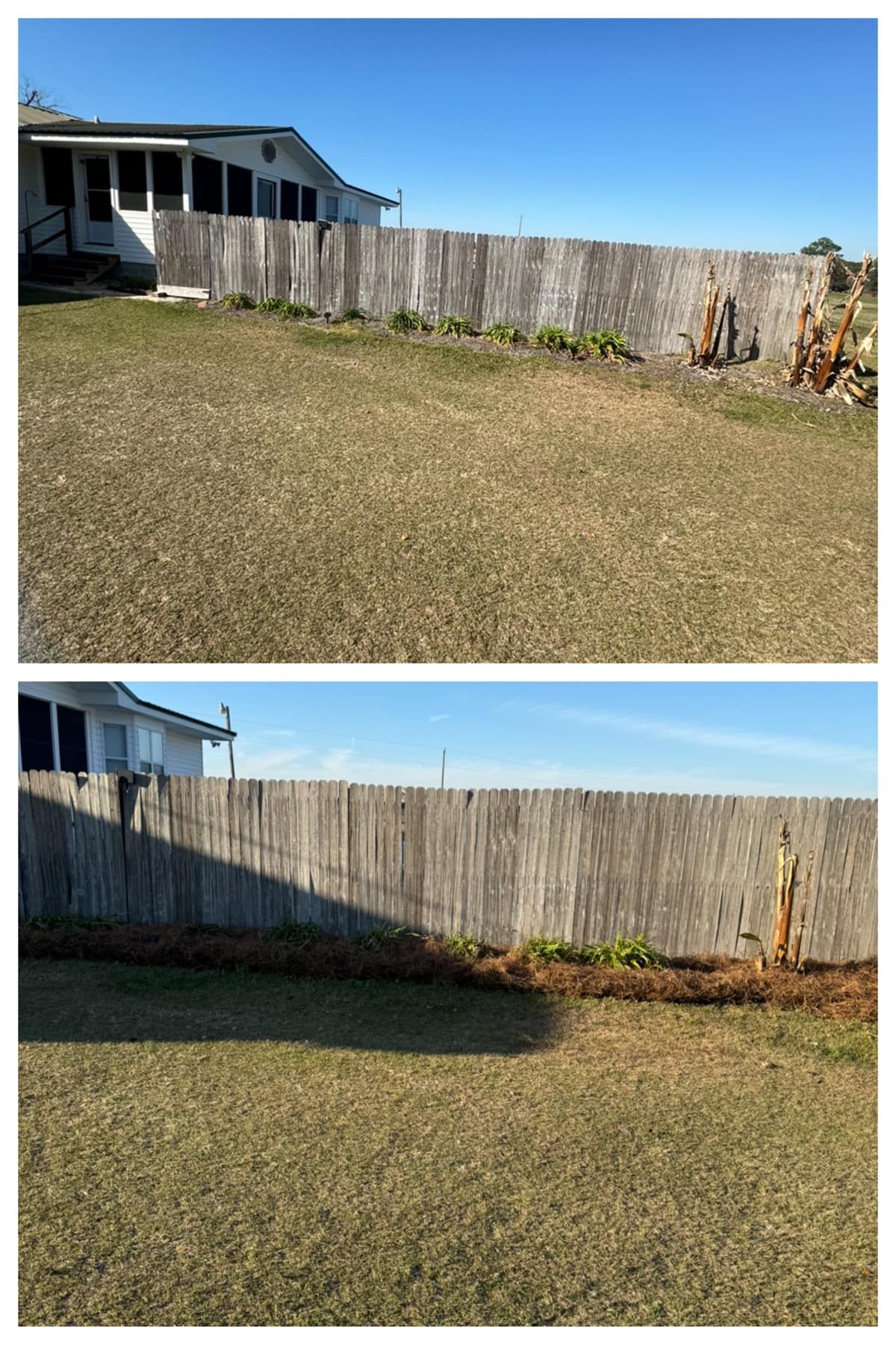 A before and after picture of a backyard with a wooden fence.