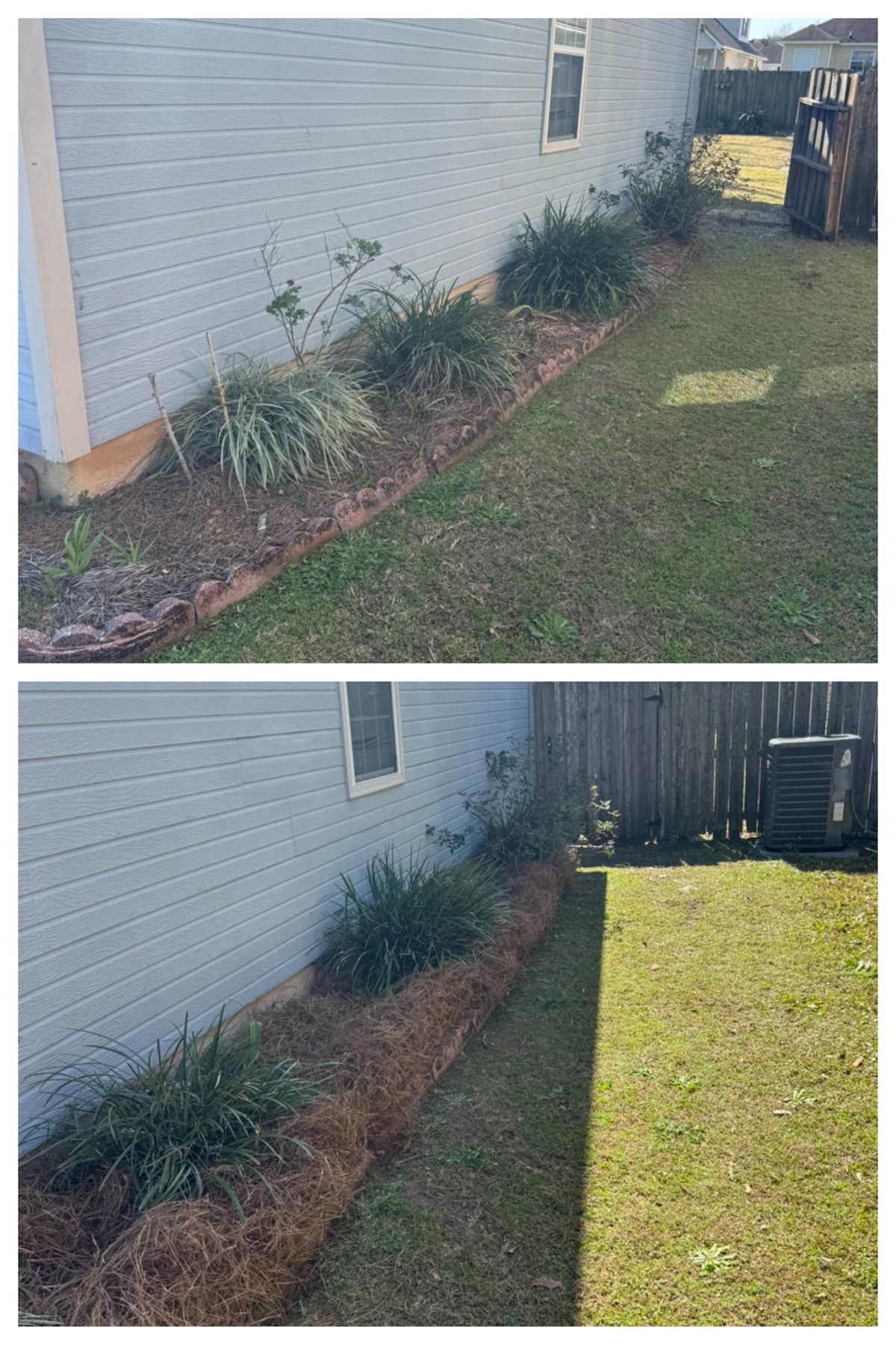 A before and after picture of a lawn in front of a house.