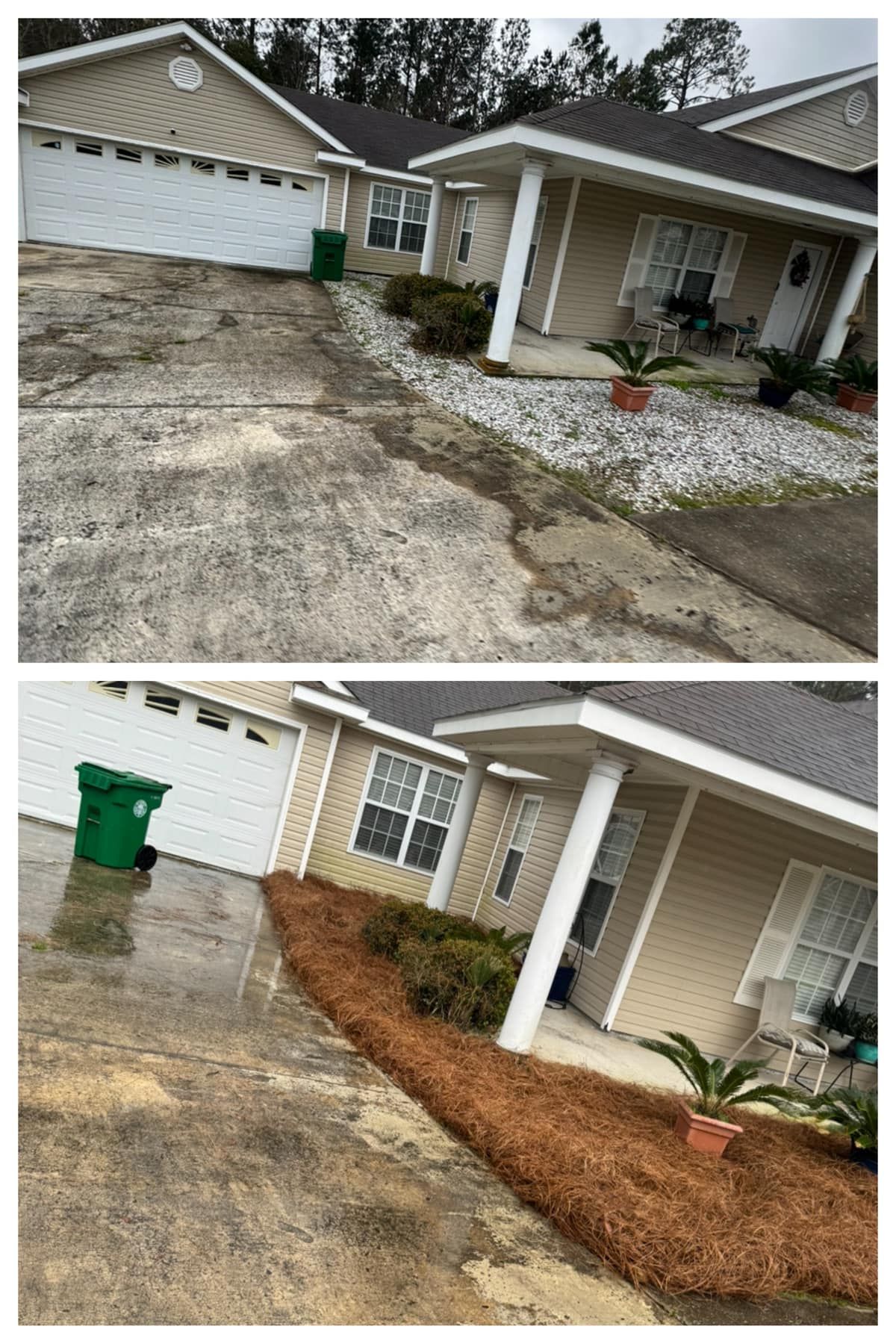 A before and after picture of a house with a green trash can in front of it.