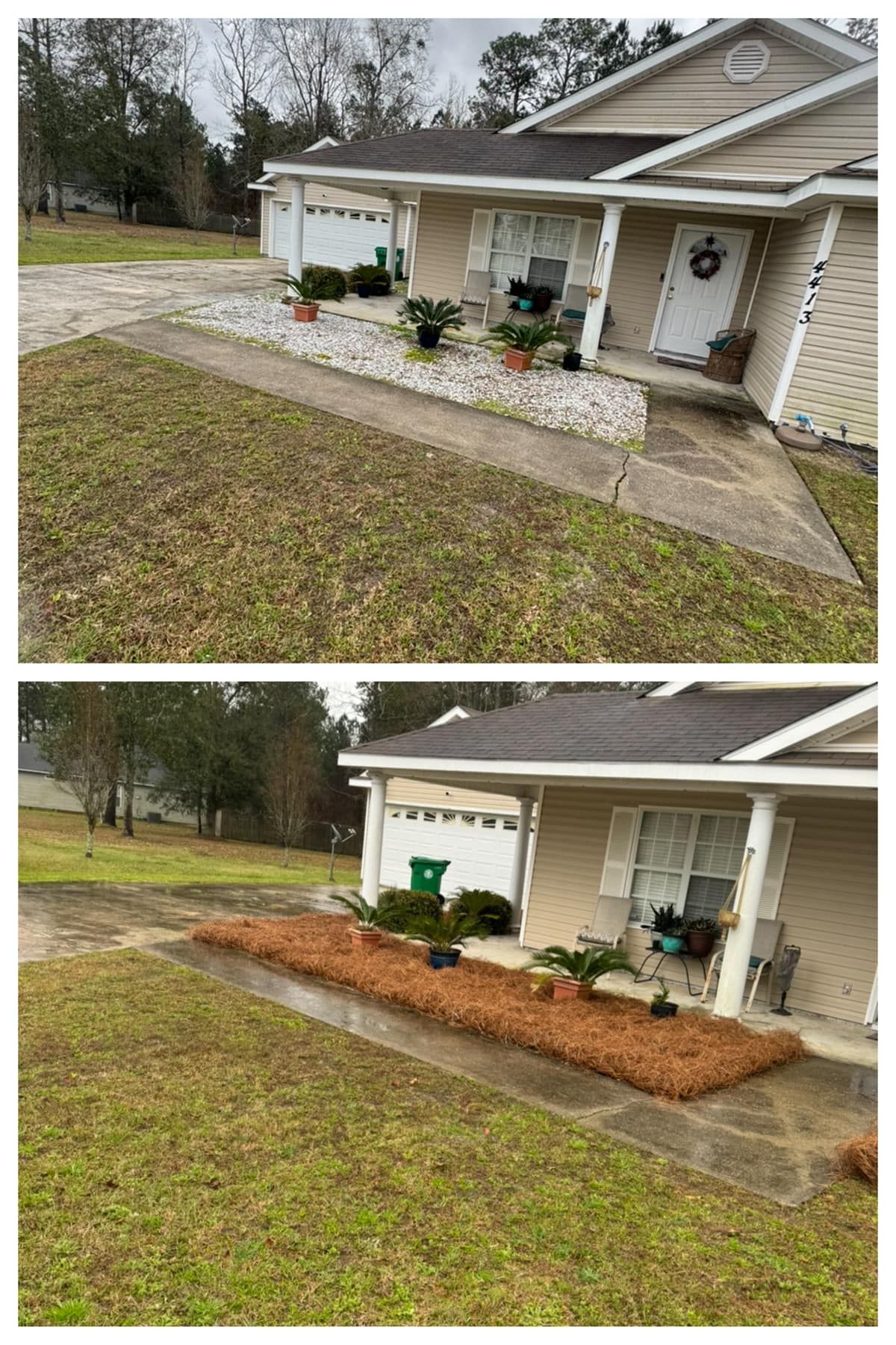 A before and after picture of a house with a lush green lawn.