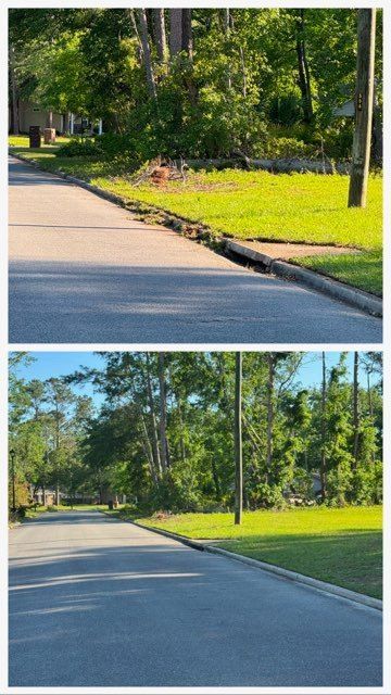 A before and after picture of a street with trees on the side.