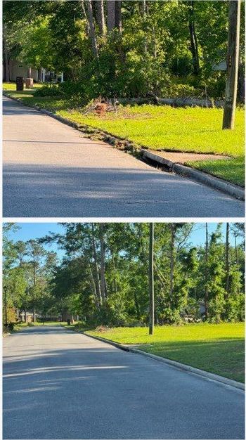 A before and after picture of a road with trees on the side of it.