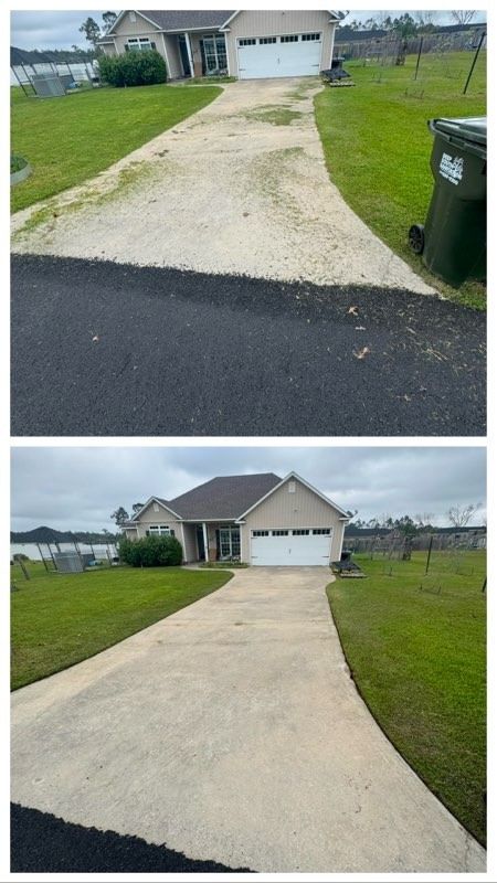 A before and after picture of a driveway leading to a house.