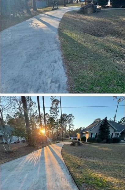 A before and after picture of a concrete driveway.