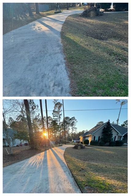 A before and after picture of a concrete driveway.
