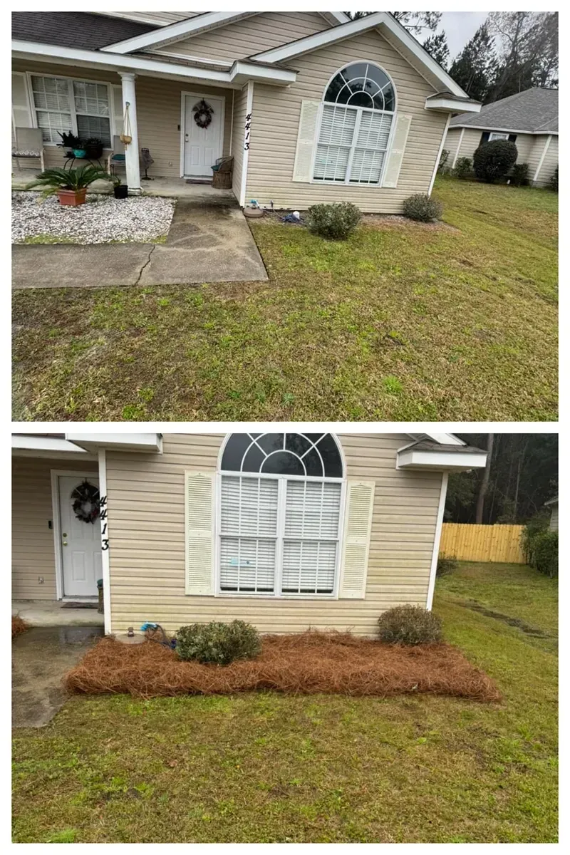 A before and after picture of a house with a lush green lawn.
