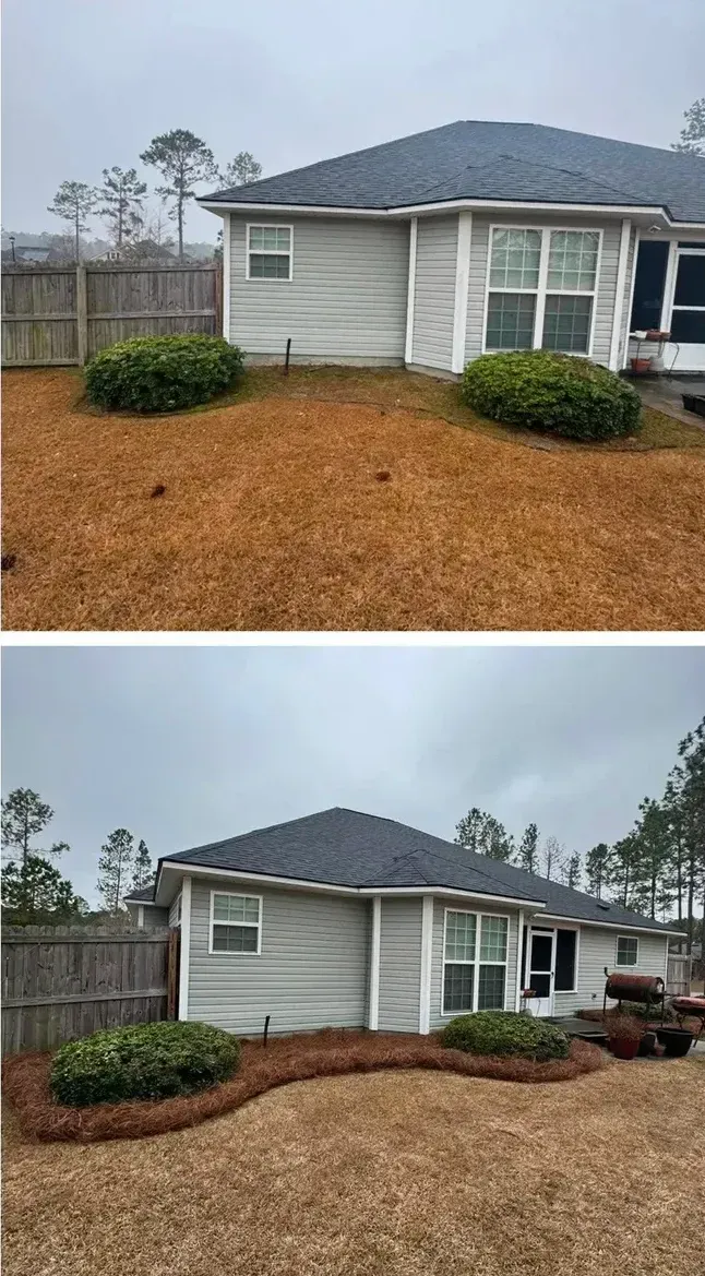 A before and after picture of a house with a roof.