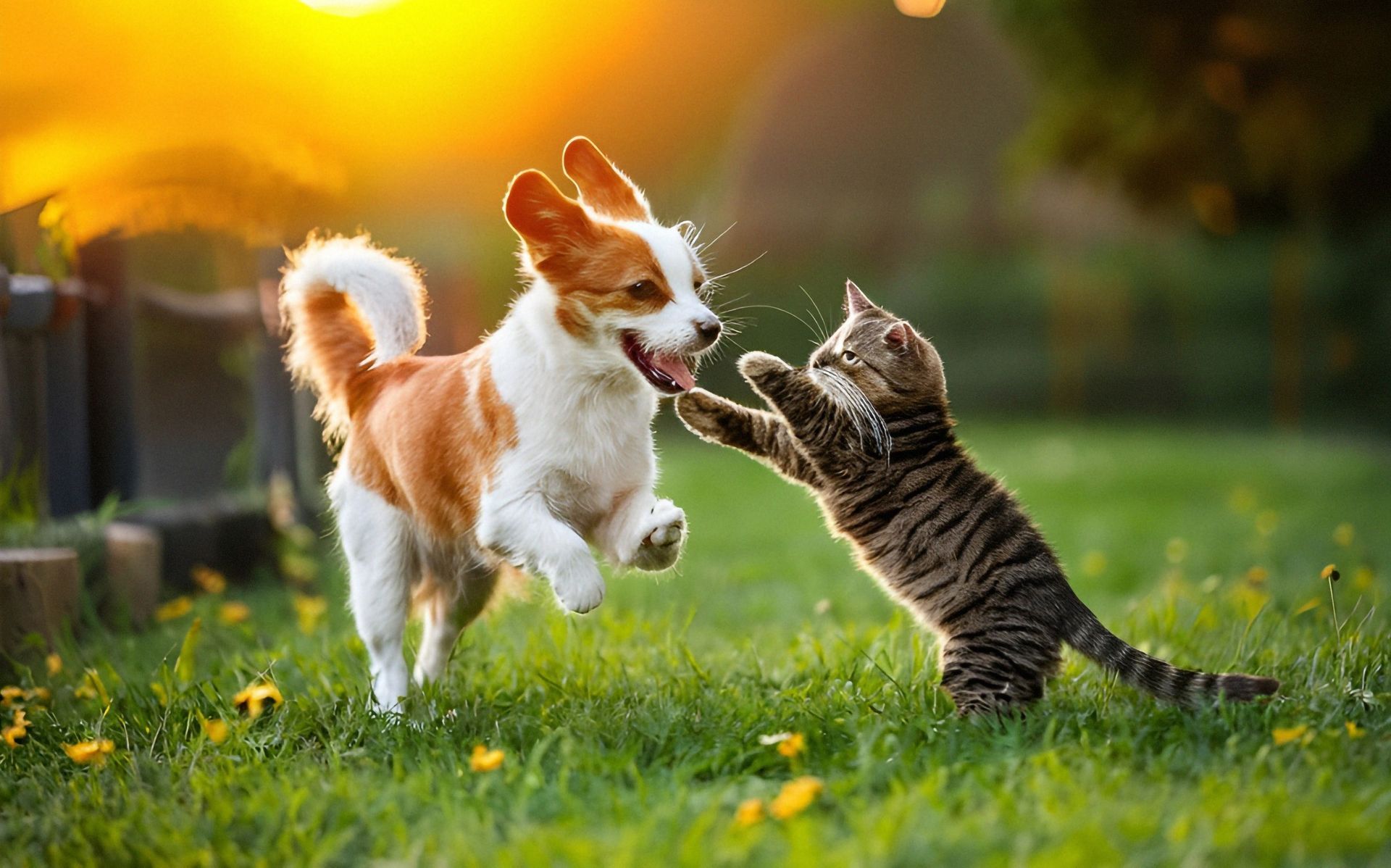 Dog and Cat Playing in the Backyard