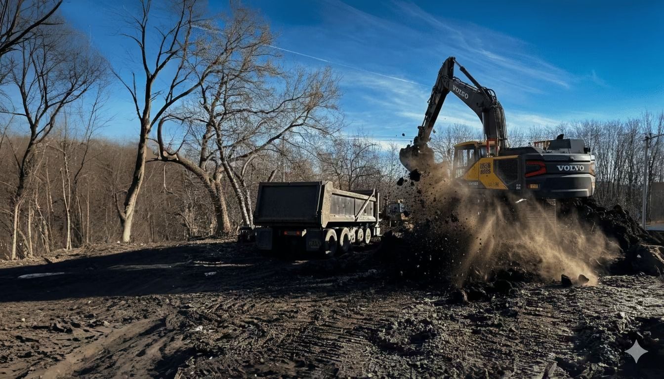 Excavator dumping dirt into a truck at a muddy construction site under a clear blue sky