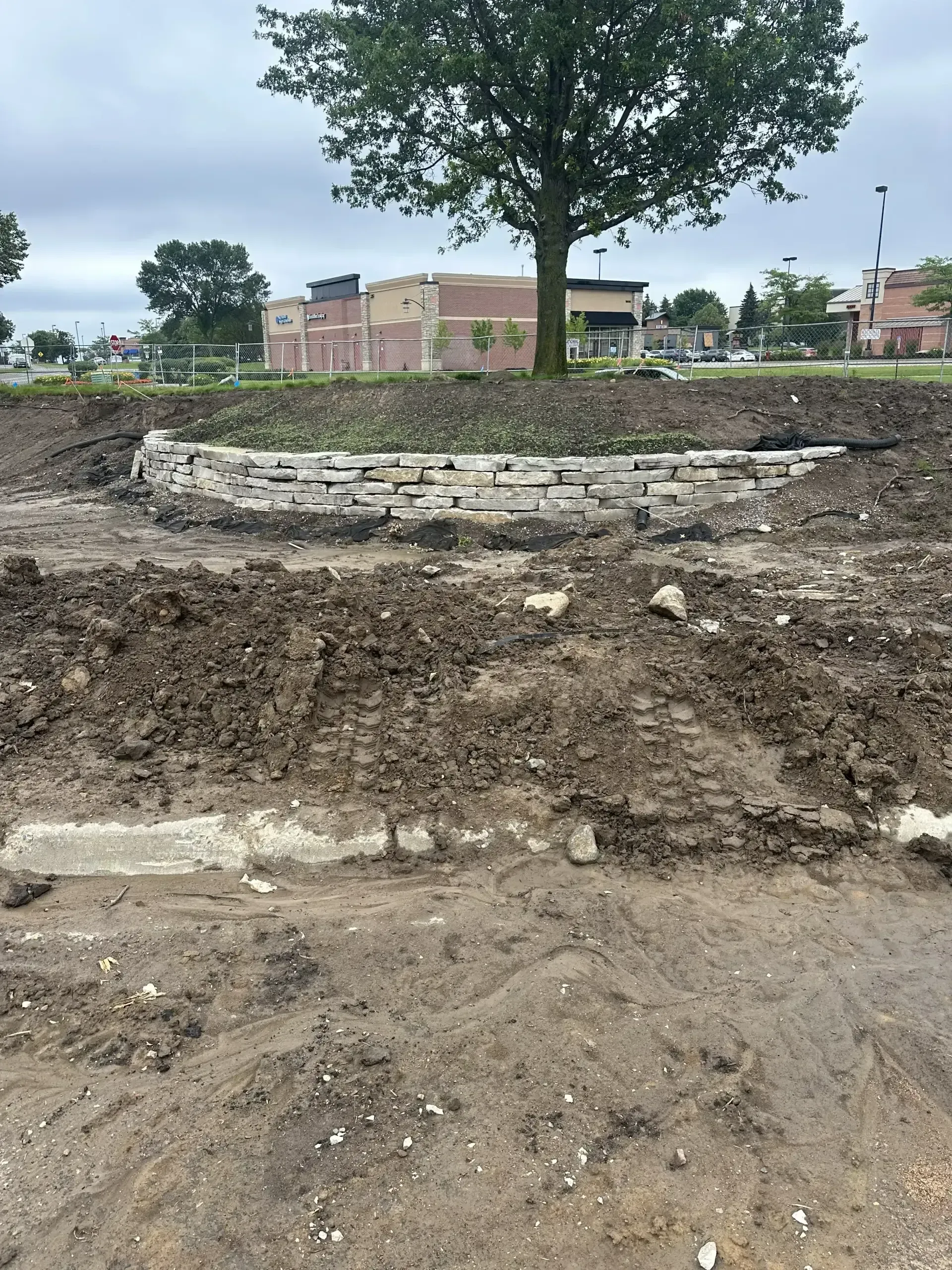 Earthen excavation site with a stone-lined circular foundation, tree, and houses in the background