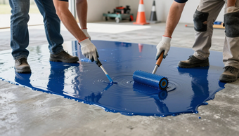 “Workers using rollers to spread glossy blue epoxy coating across a concrete floor for an epoxy flooring contractor in Waterbury, CT”