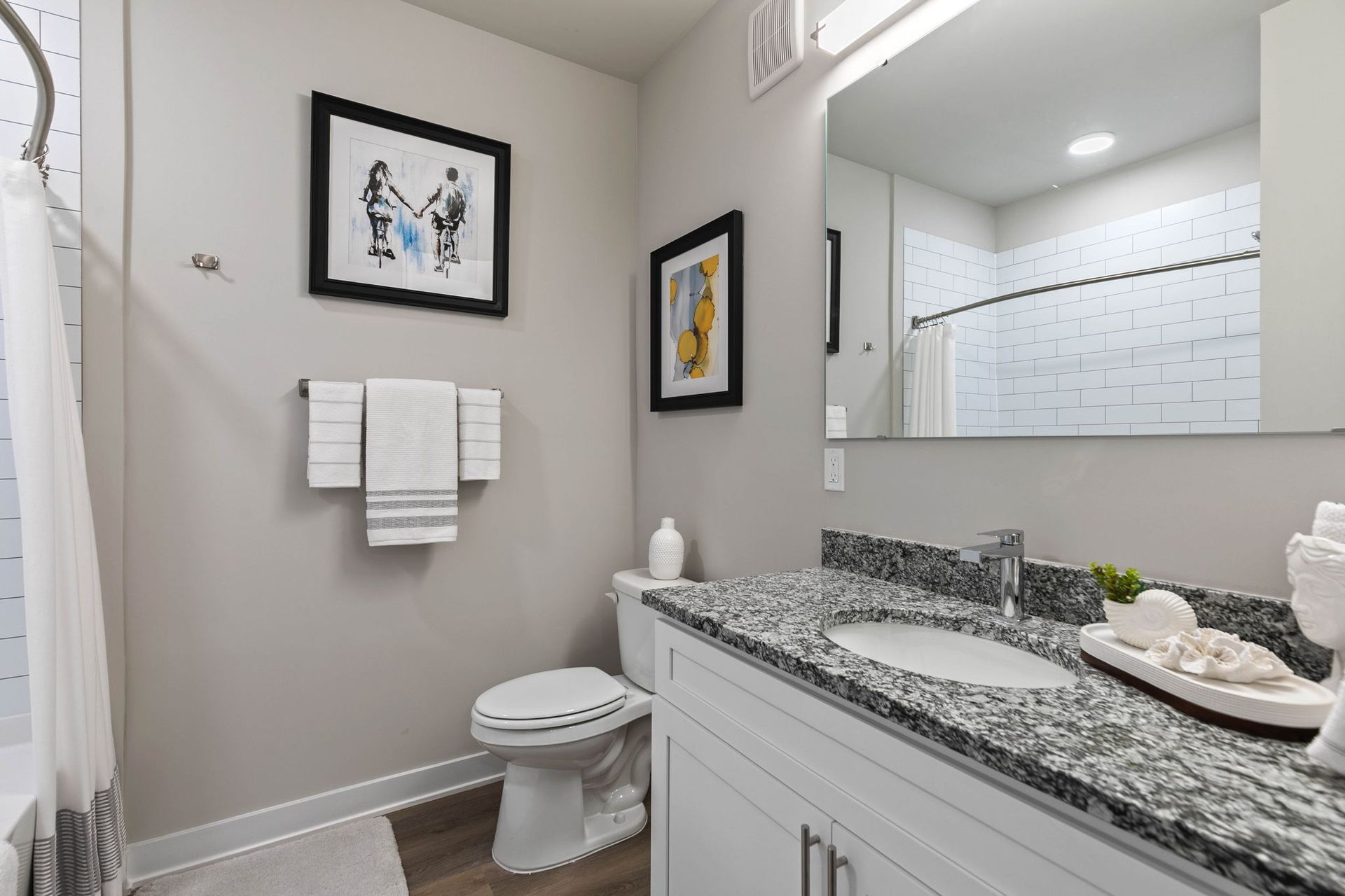 Bathroom with a granite countertop, white cabinets, toilet, artwork, and a shower with a white curtain.