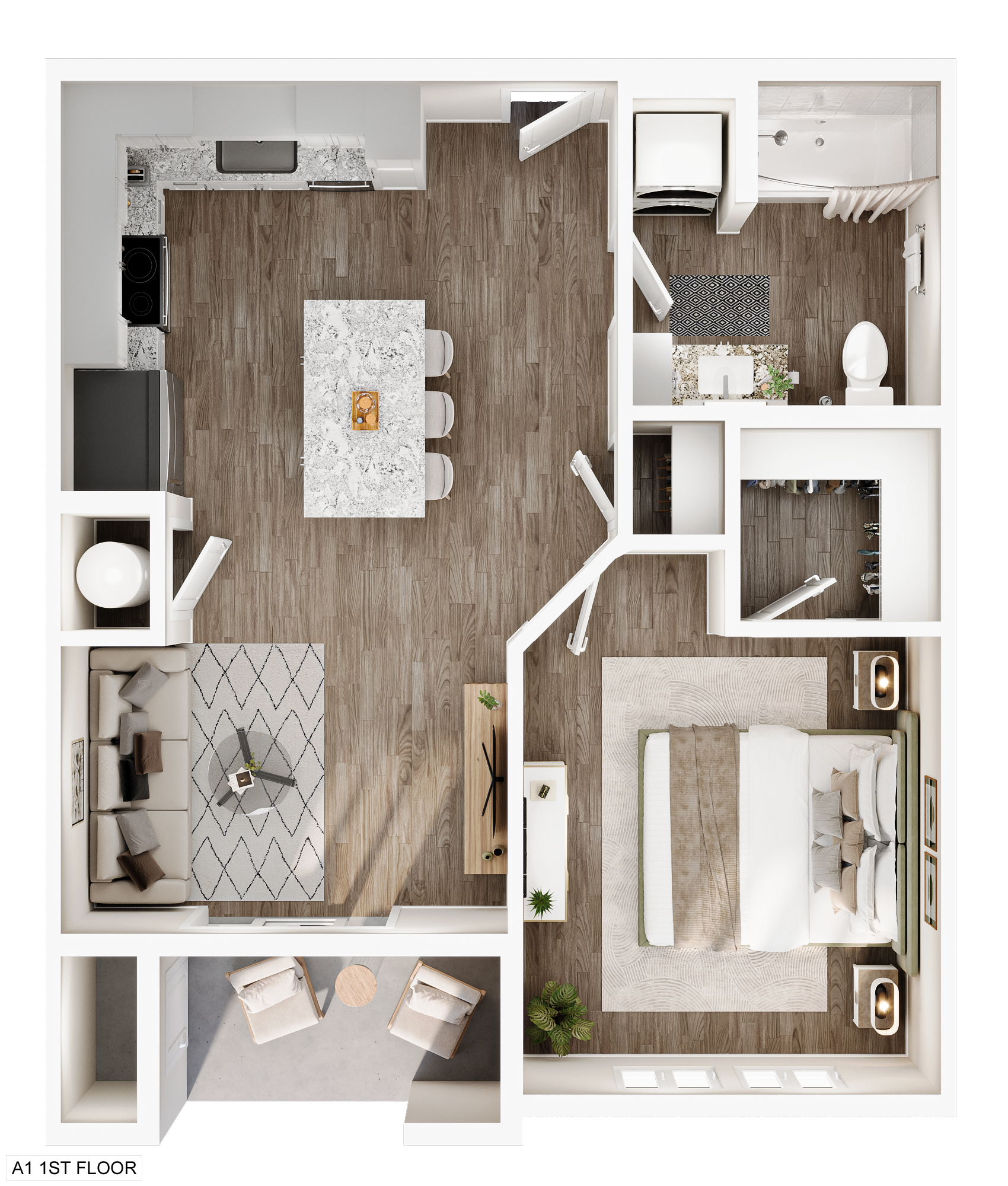 Floor plan of an apartment with kitchen, living room, bedroom, bathroom, and balcony. Brown and white color scheme.