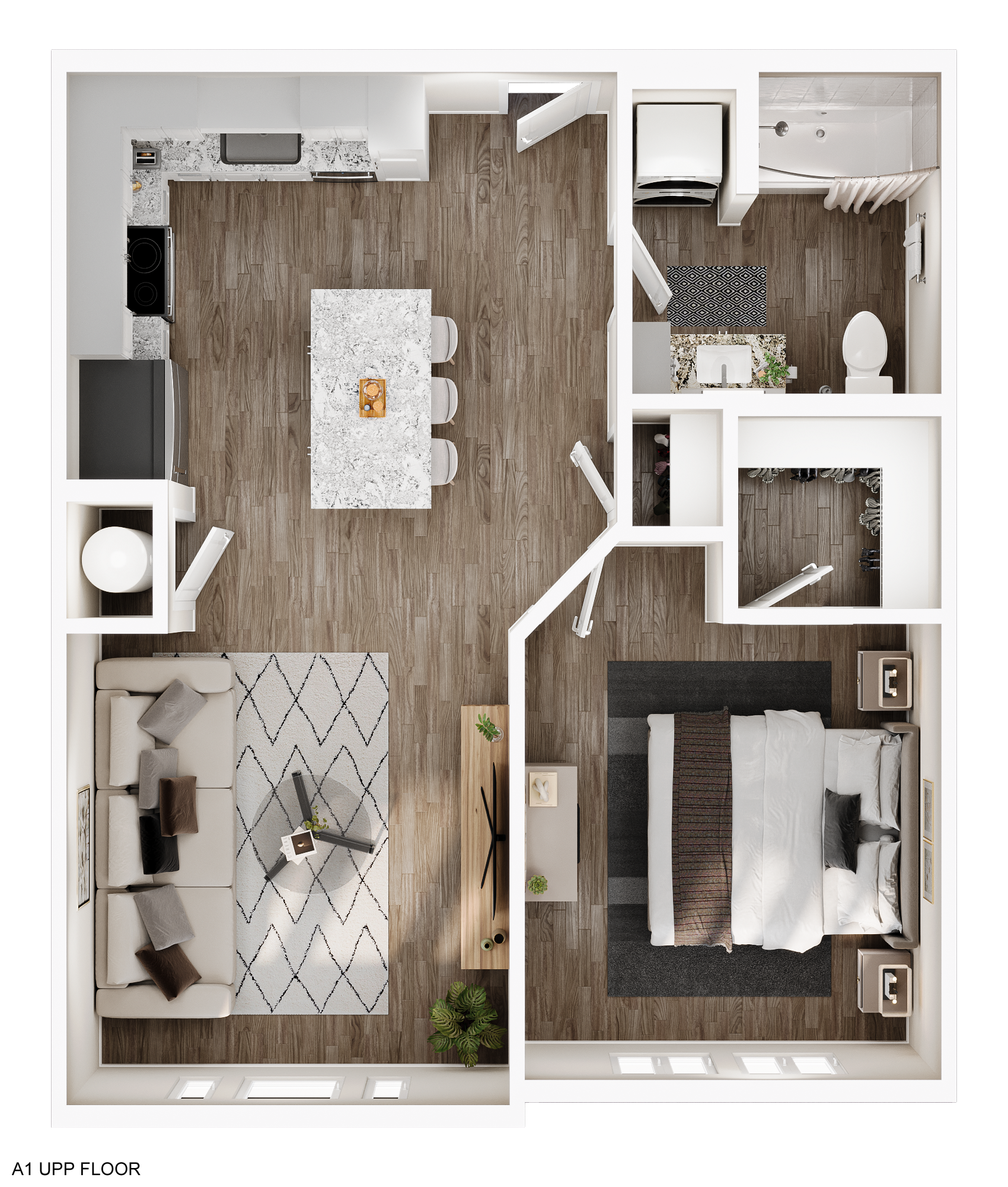 Floor plan of an apartment with a kitchen, living area, bedroom, and bathroom.