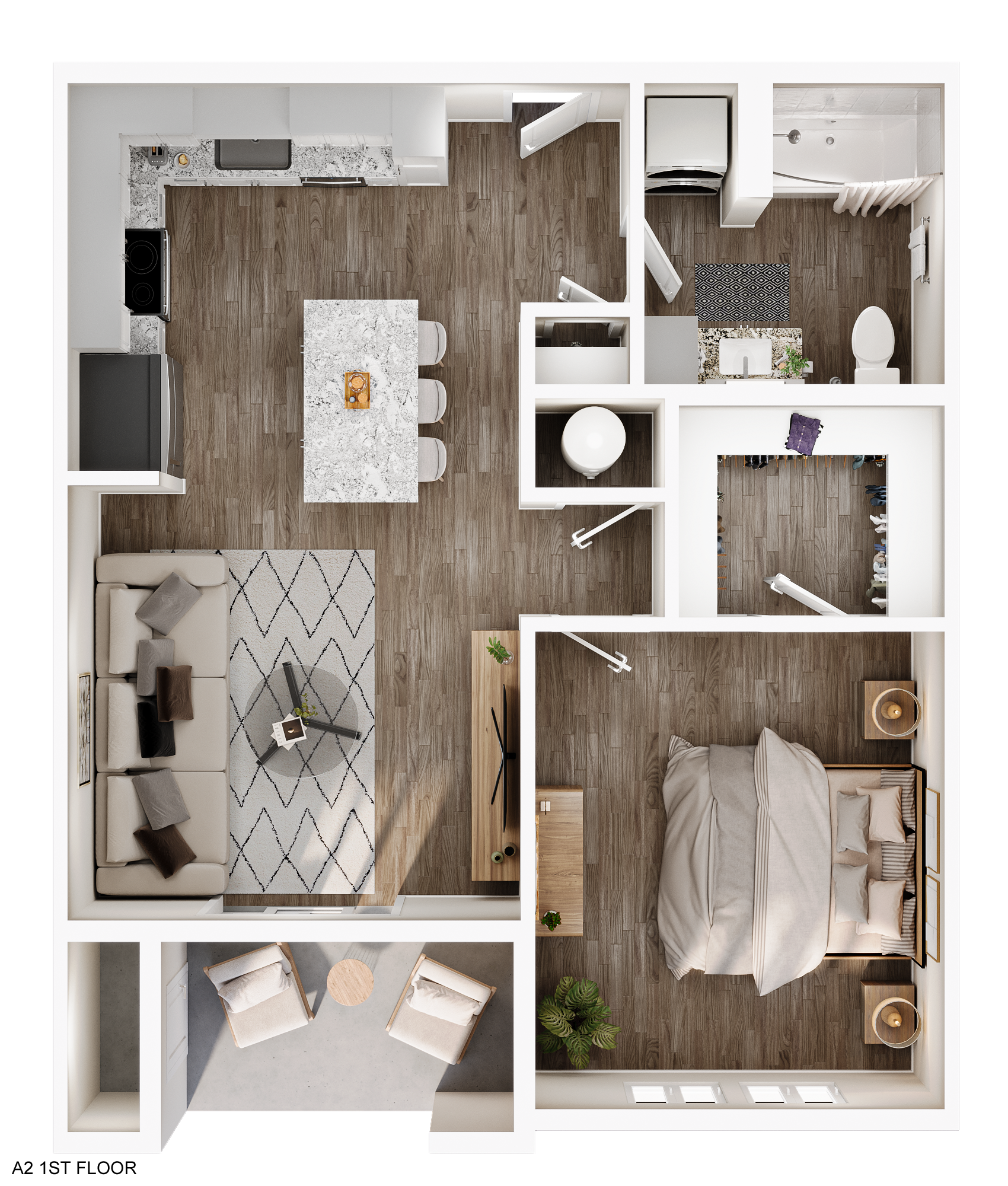 Floor plan: modern apartment layout, open kitchen, living area, bedroom, and balcony. Brown and white tones.
