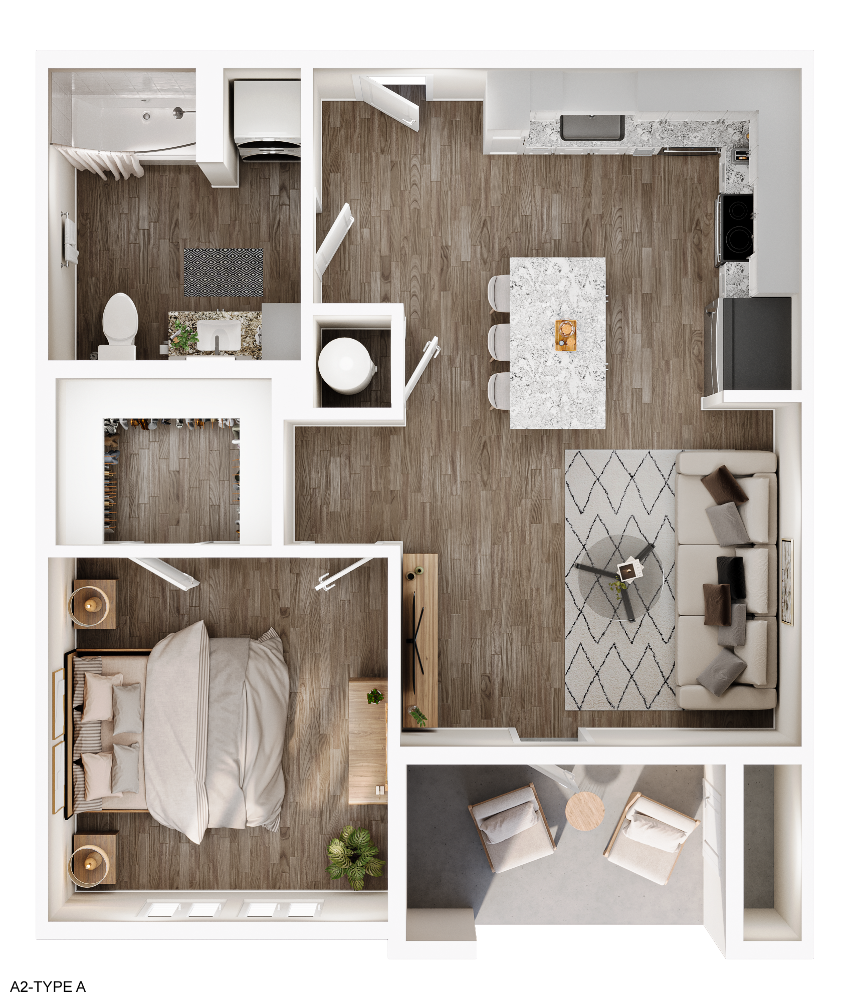 Floor plan of a modern apartment with kitchen, living room, bedroom, bathroom, and balcony.