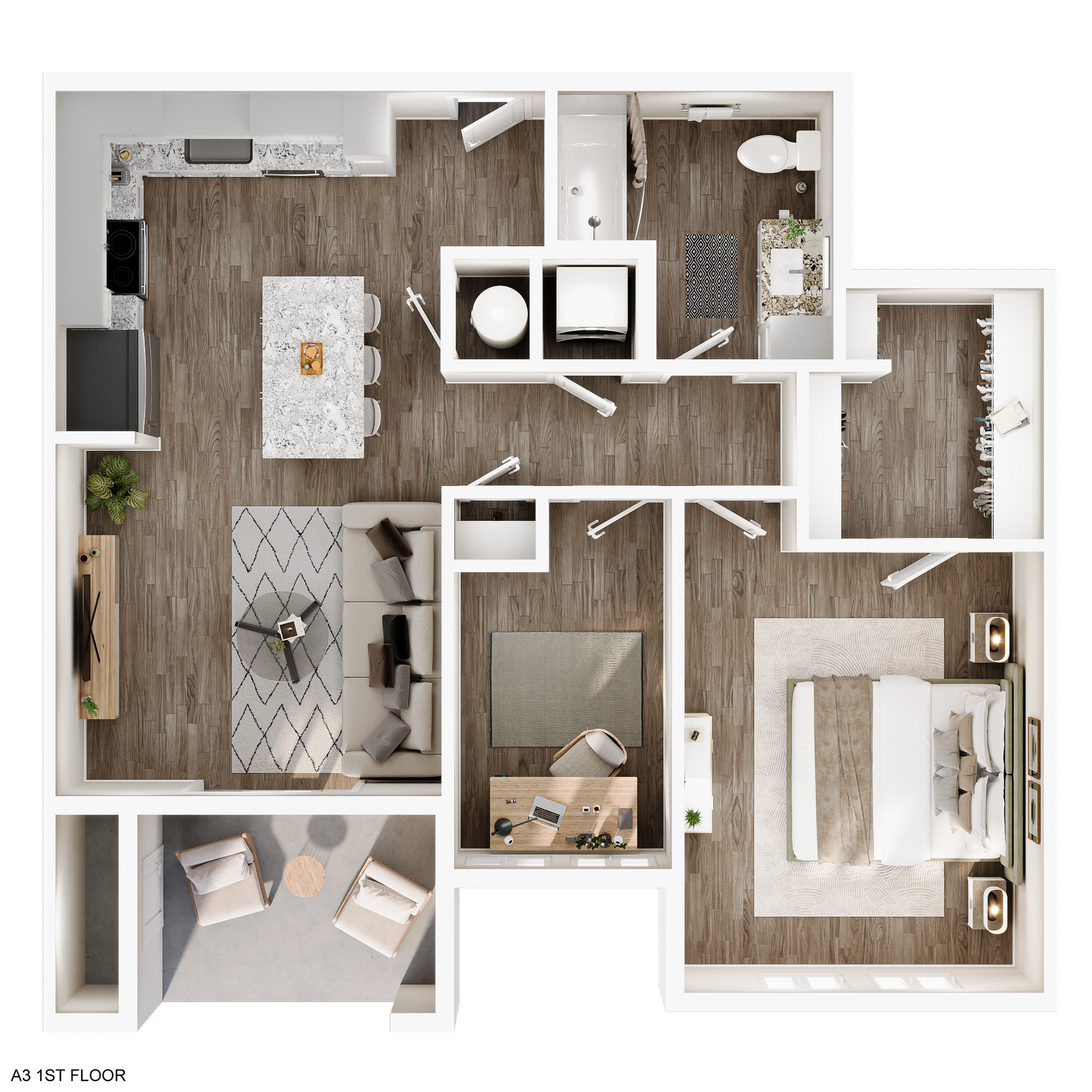 Floor plan of a modern apartment; open kitchen, living room, bedroom, bathroom, and patio.