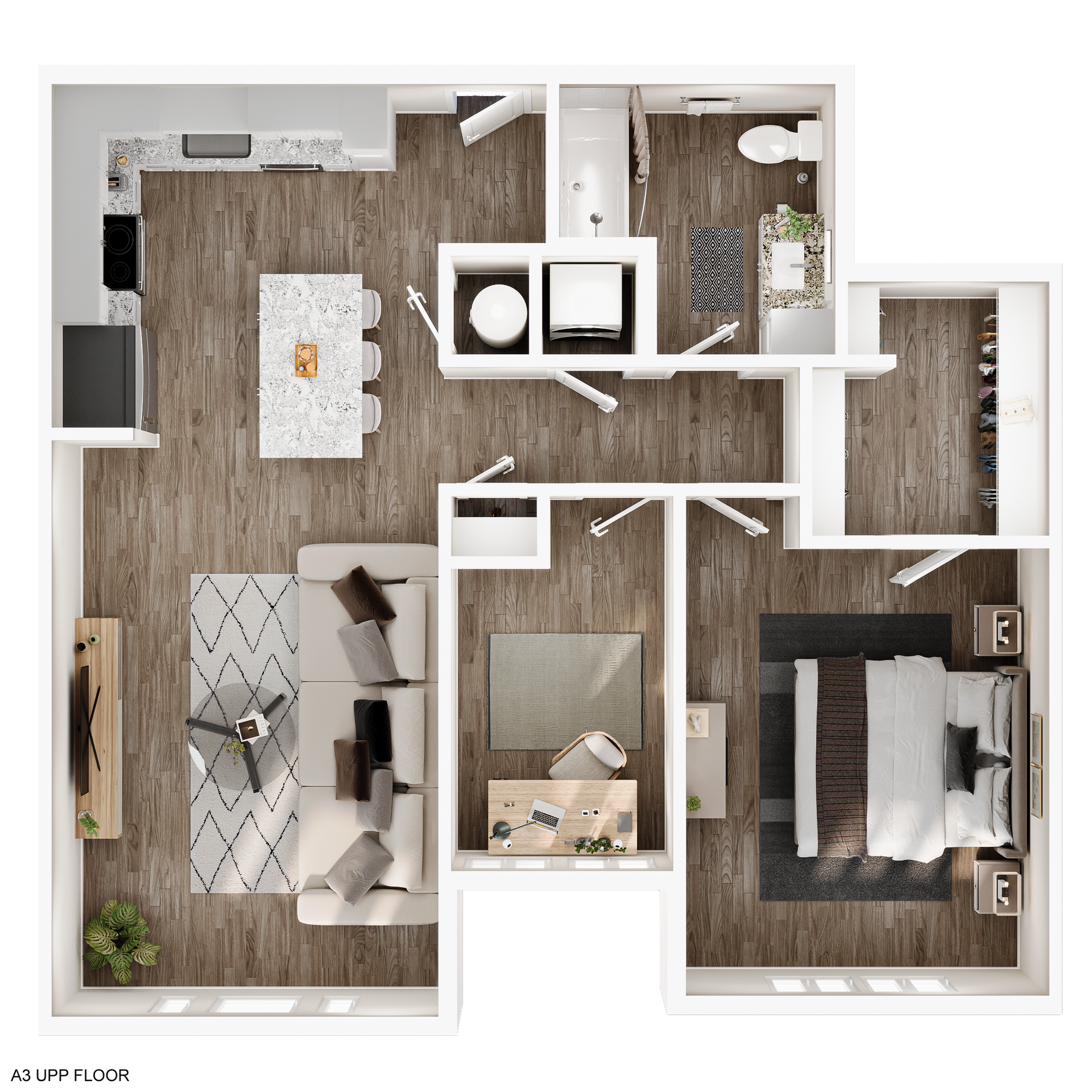 Floor plan of a furnished one-bedroom apartment with kitchen, living room, bathroom, and bedroom.