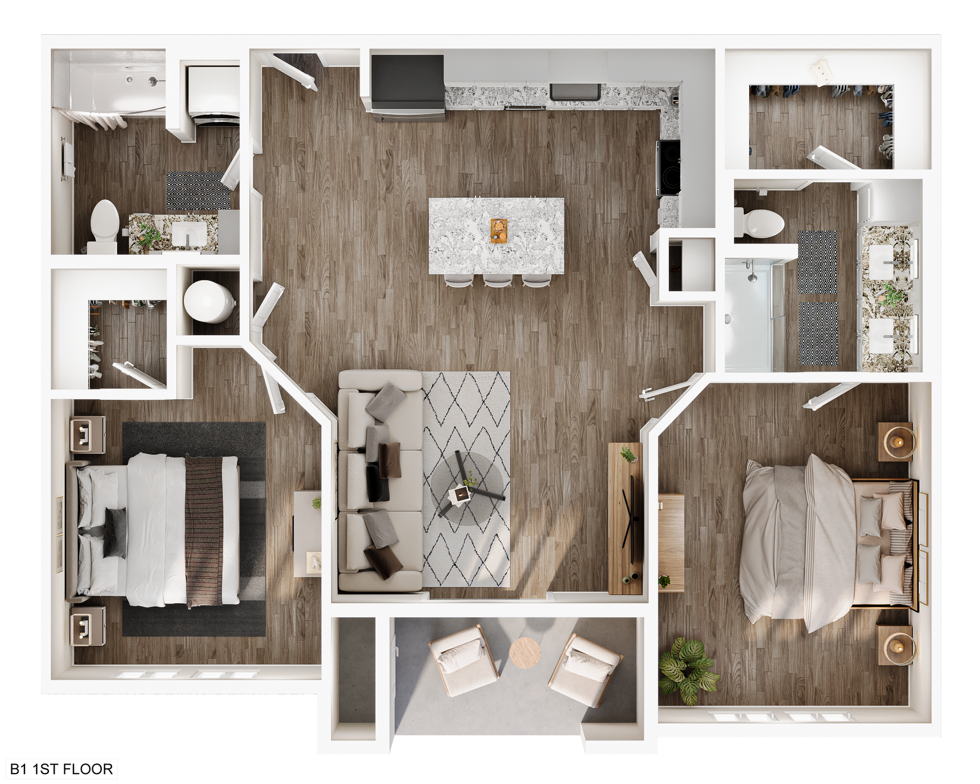 Floor plan of an apartment with a kitchen, living room, bedrooms, and a balcony.