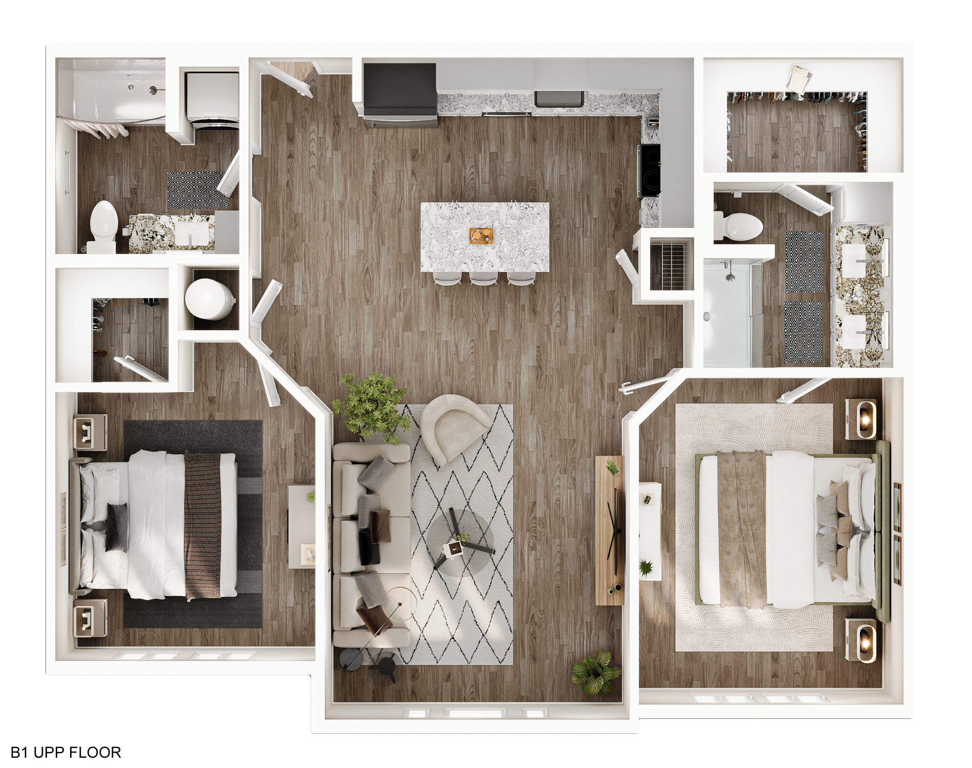 Floor plan of a two-bedroom apartment with a kitchen, living area, and two bathrooms.