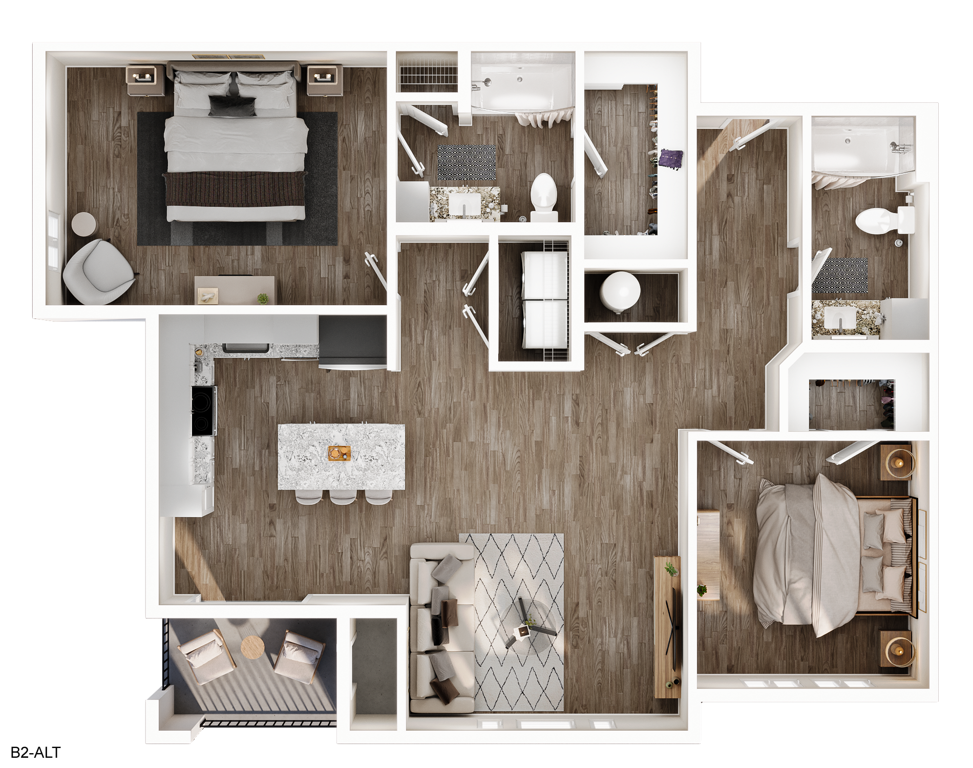 Floor plan of an apartment, showing bedroom, kitchen, living room, and bathrooms. Brown flooring throughout.